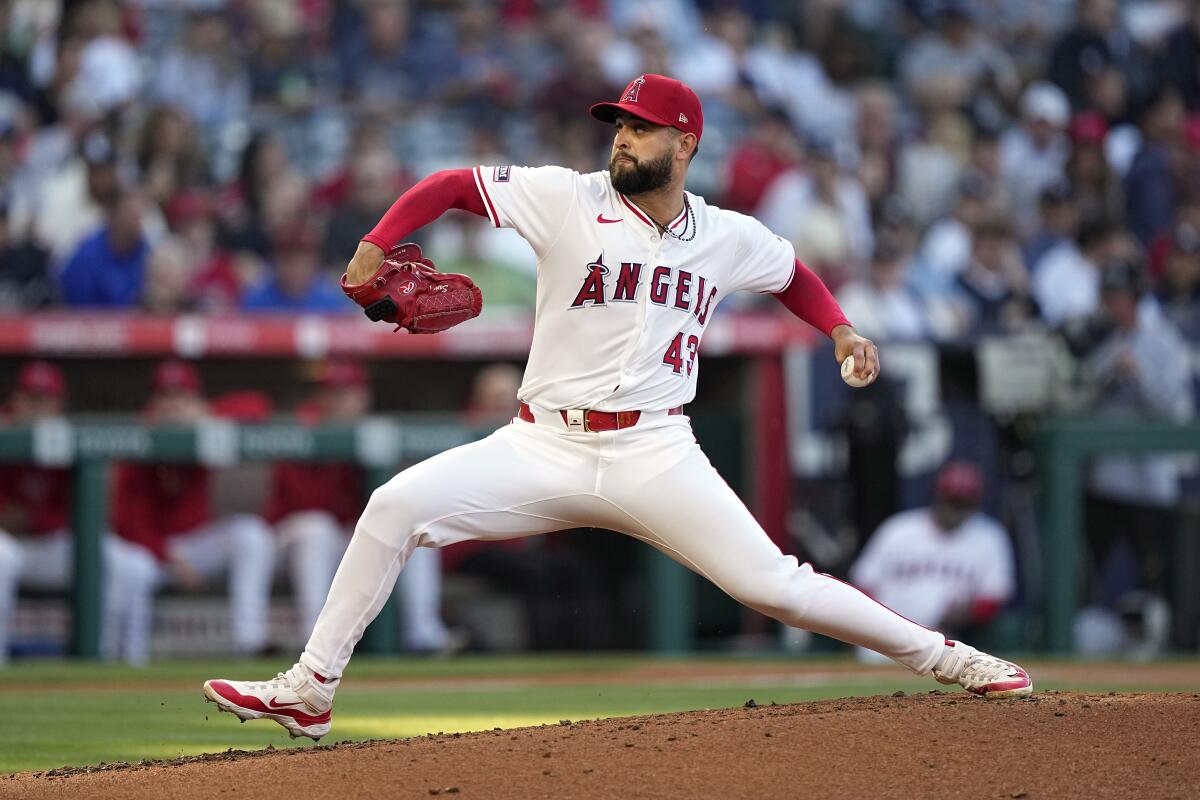 Angels left-hander Patrick Sandoval pitches in a home uniform at the Big A