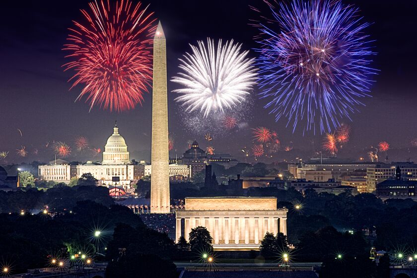 Fireworks burst in the sky above the Washington D.C. skyline