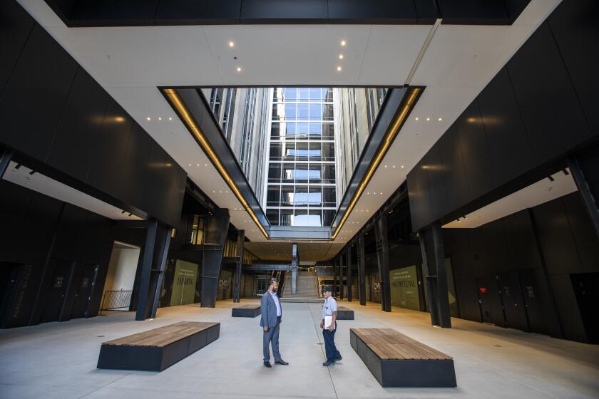 LOS ANGELES, CA - APRIL 19: The main entrance of the California Market Center at on Tuesday, April 19, 2022 in Los Angeles, CA. Building owner Brookfield Properties recently completed a $250 million makeover that turned the former wholesale fashion trade center dating to the 1960s into an airy office complex for rent to businesses in creative fields. (Francine Orr / Los Angeles Times)