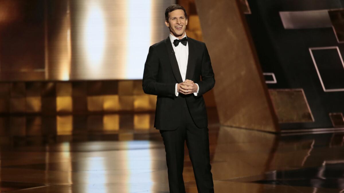 Host Andy Samberg opens with a spoof on the number of television shows.