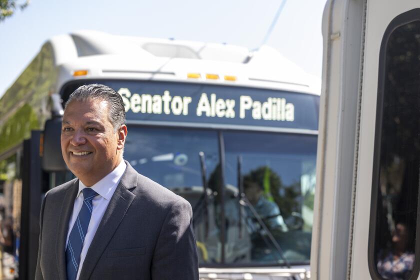 Los Angeles, CA - July 22: U.S. Senator Alex Padilla announces a new slate of clean air commitments to meet national smog standards Los Angeles, CA on Monday, July 22, 2024. (Zoe Cranfill / Los Angeles Times)