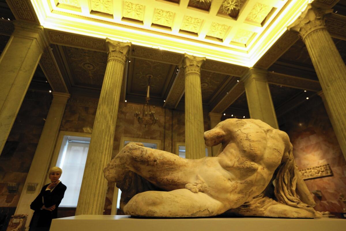A statue of the Greek river god Ilissos from the British Museum's Elgin Marbles will be at the State hermitage Museum in St. Petersburg, Russia, until mid-January.