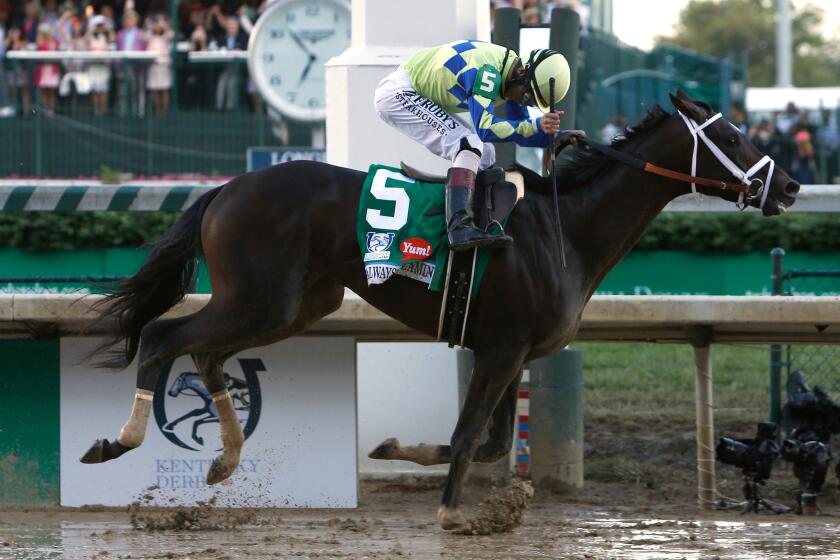 Jockey John Velazquez celebrates as he crosses the finish line aboard Always Dreaming to win the 143rd Kentucky Derby.