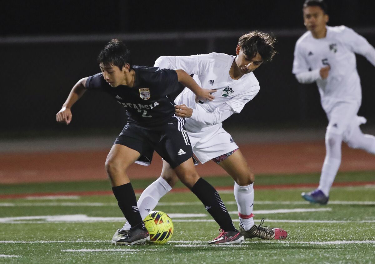 Estancia's Alex DeLeon (2) makes a steal against Costa Mesa during the Battle for the Bell game on Wednesday.