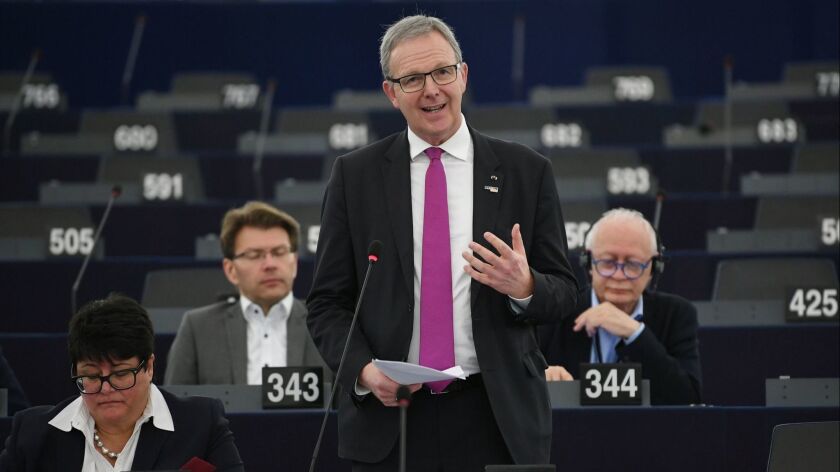 Rapporteur Axel Voss delivers a speech on the outcome of negotiations with EU ministers at the European Parliament in Strasbourg, France on March 26.