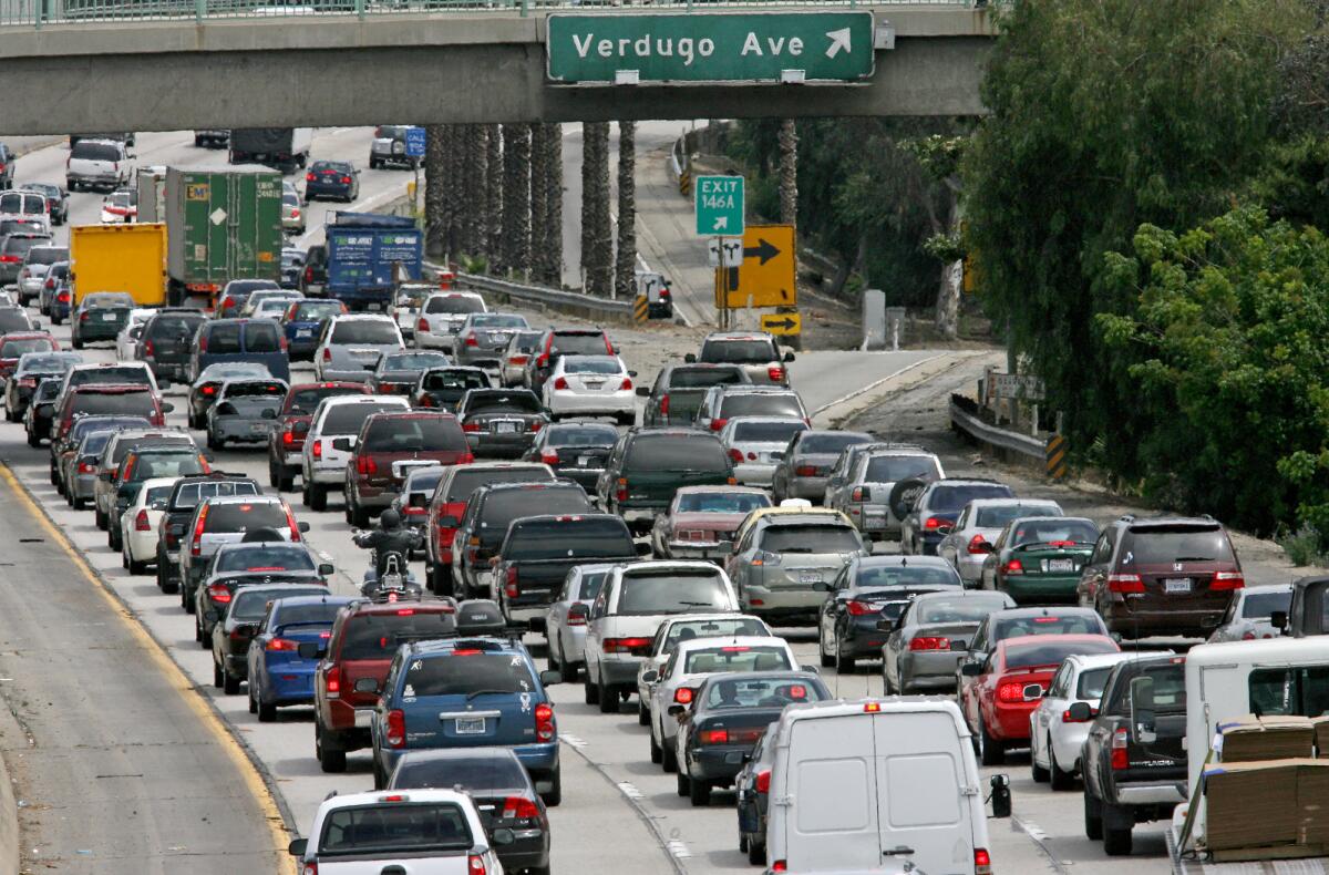 Heavy traffic snakes its way down the southbound Golden State Freeway at the Verdugo Ave. offramp in Burbank on Friday, May 28, 2010.