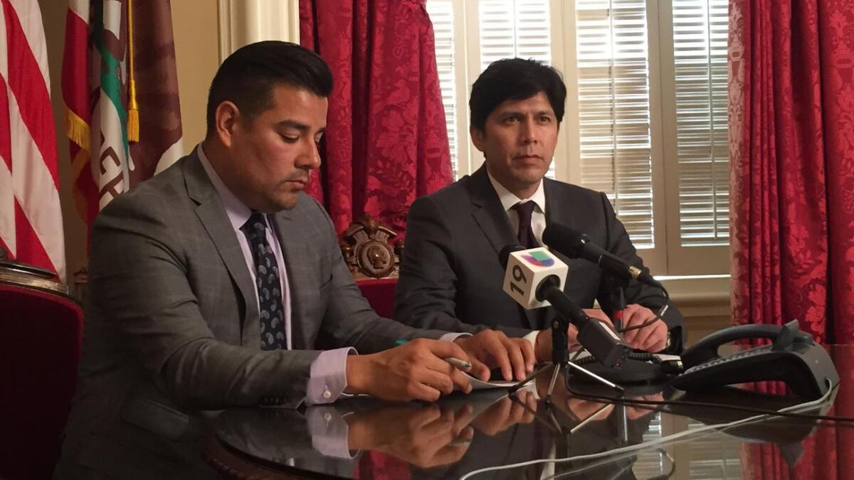 Sen. Ricardo Lara (D-Bell Gardens), left, and Senate President Pro Tem Kevin De León (D-Los Angeles)