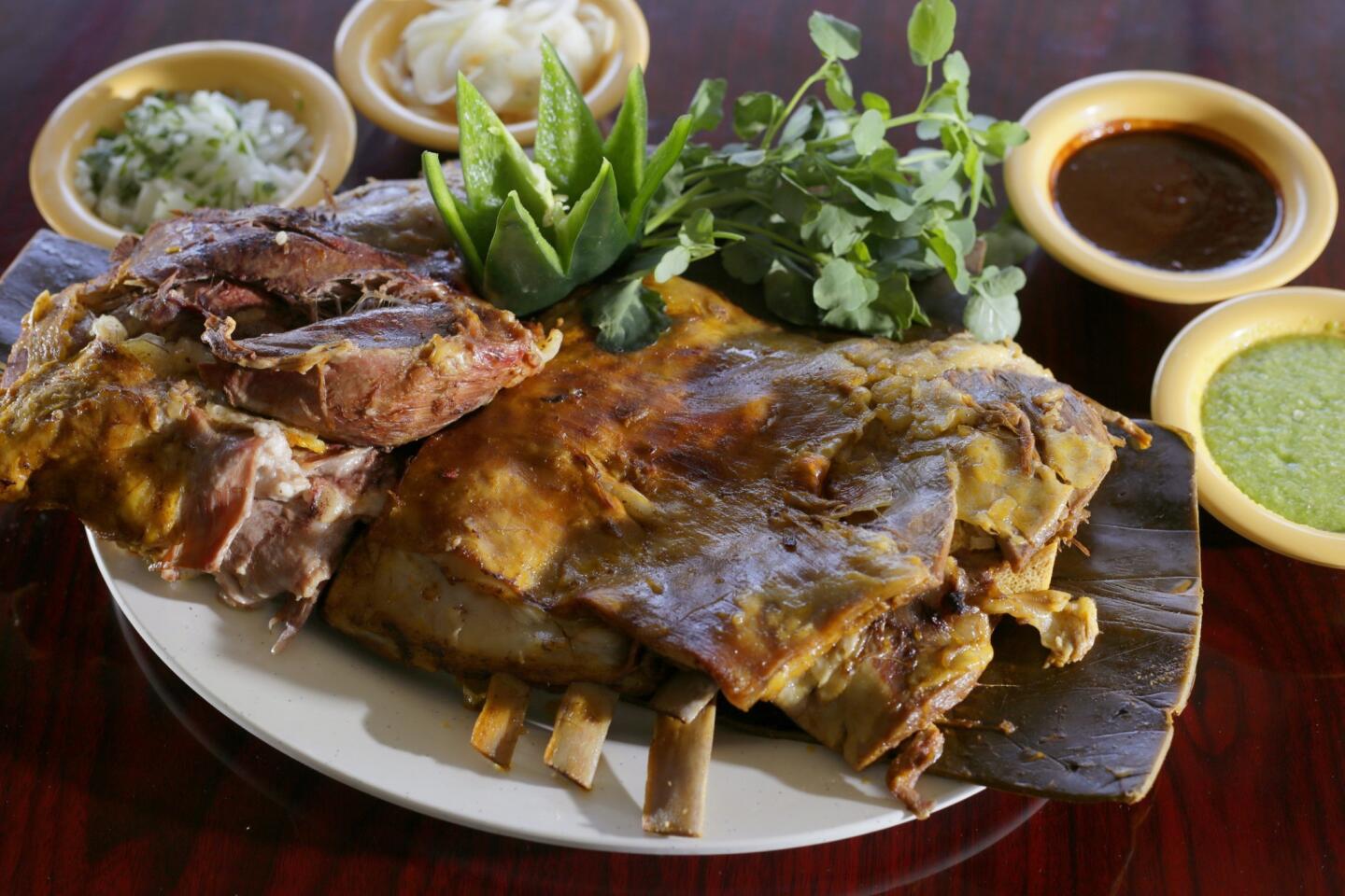 A plate of lamb barbecue served at Aqui es Texcoco. The restaurant is mostly a one-dish establishment, famous for its barbacoa, pit-roasted lamb.