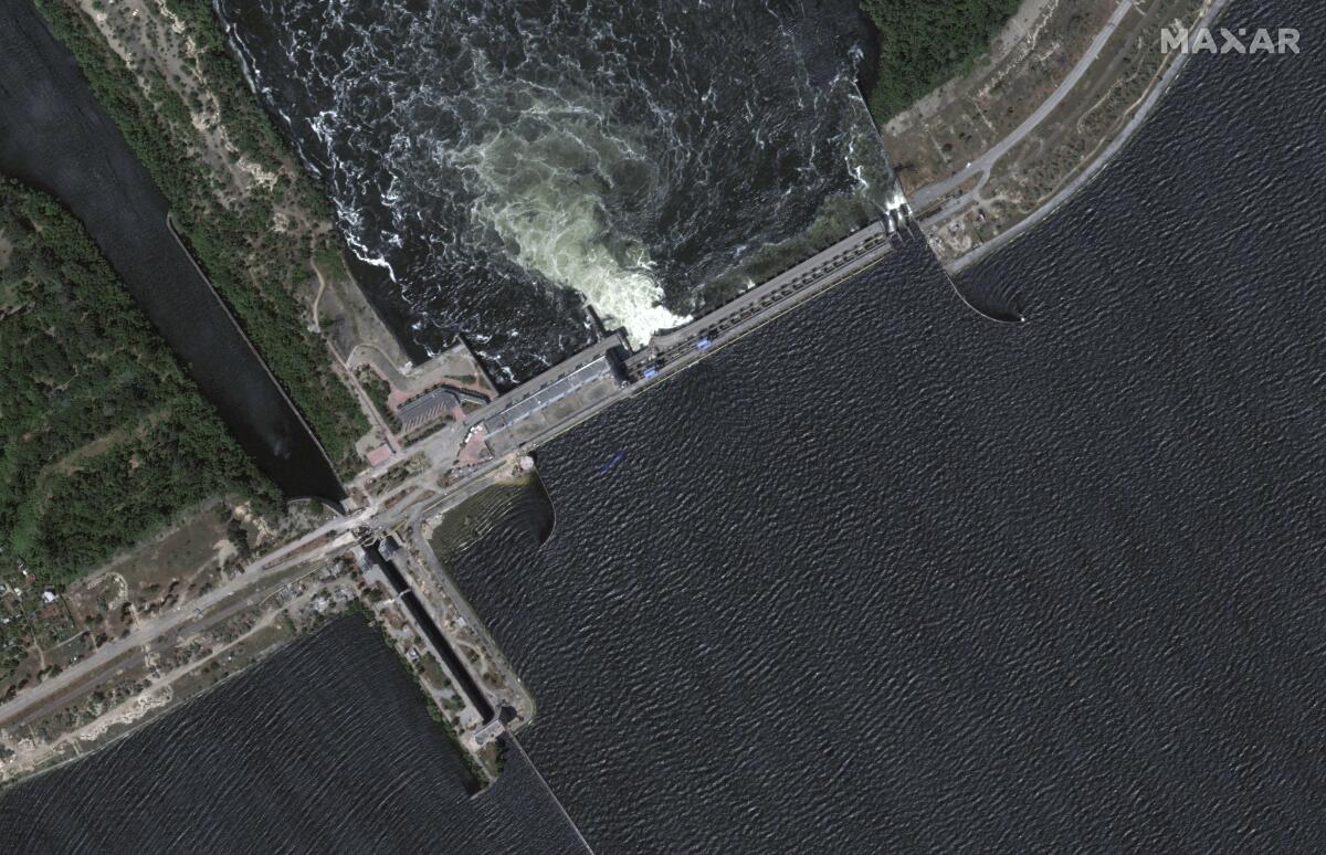 A satellite image shows Kakhovka dam and station, in Ukraine on June 5, before its collapse. 