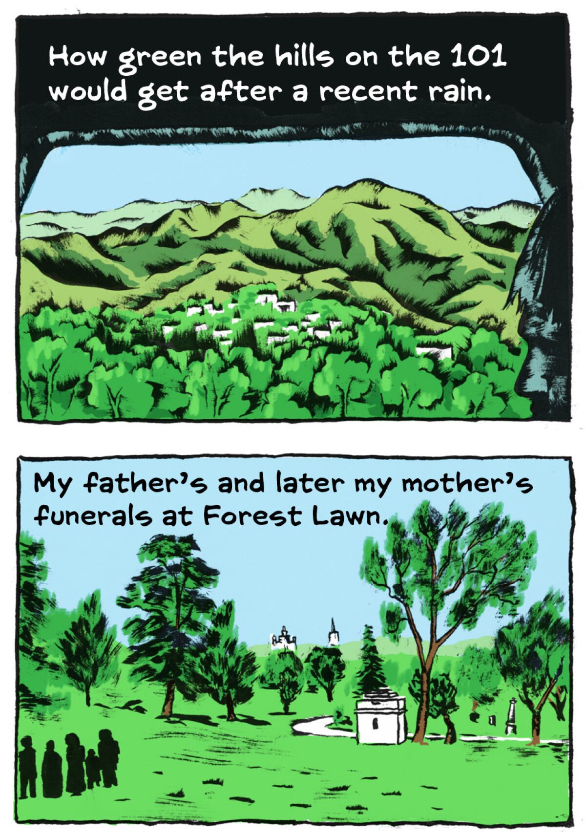 Illustrations of verdant hills and funerals at a cemetery