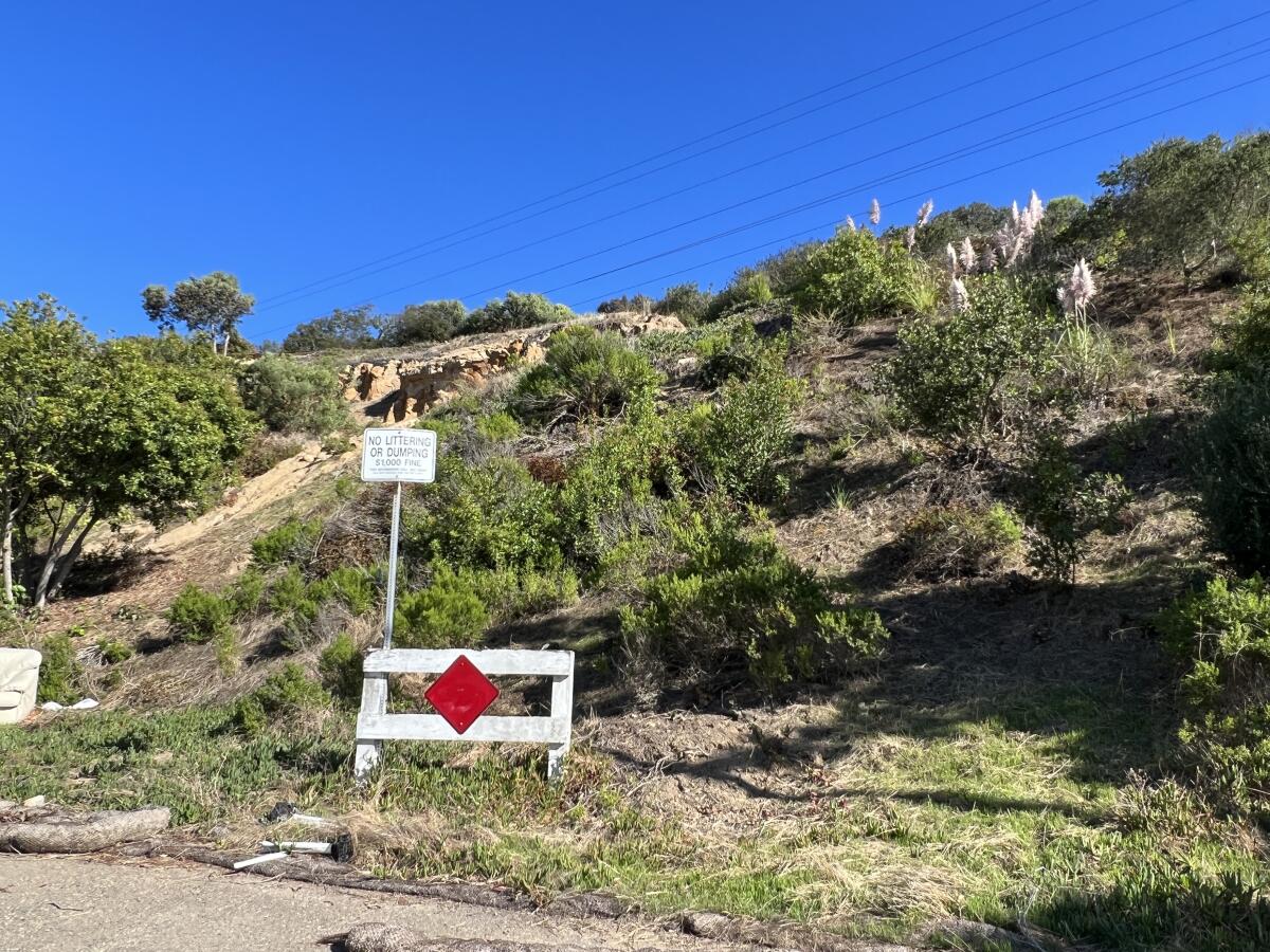 The brow ditch, or swale, runs along the top of this hill near a cul-de-sac on La Jolla Scenic Drive South.