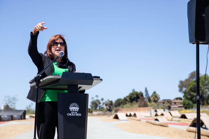 Chula Vista Mayor Mary Casillas Salas speaks at the opening of Greg Cox Bike Park in the South Bay on Wednesday, April 28, 2021. The park, named after Greg Cox, includes bike trails, a jump line, and a pump track that welcomes riders of all ages and skill.