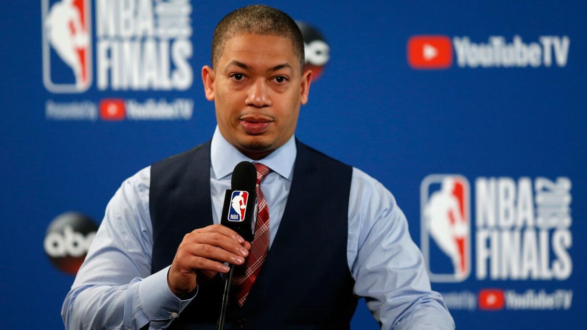 Cleveland Cavaliers coach Tyronn Lue speaks to the media before Game 1 of the NBA Finals in May.