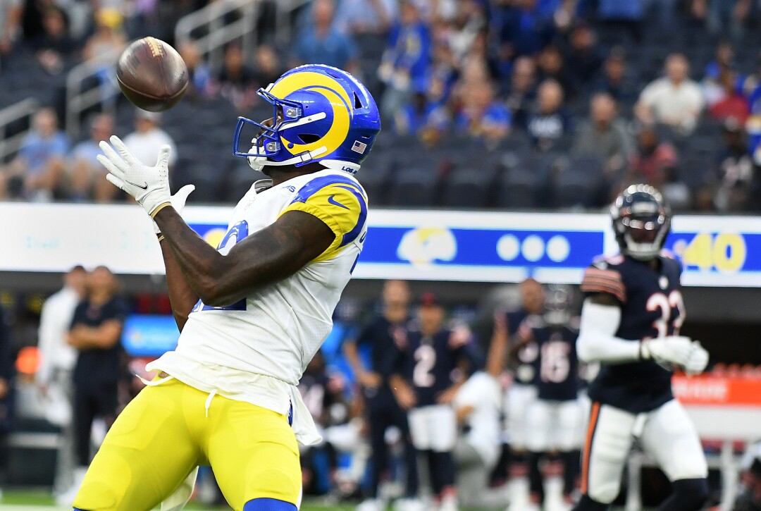 Los Angeles Rams receiver Van Jefferson catches a long touchdown pass from quarterback Matthew Stafford