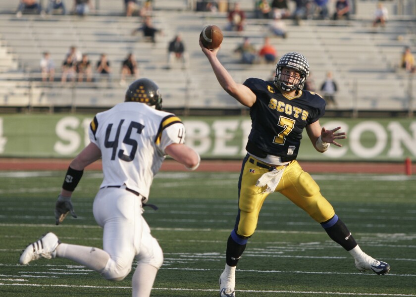 Matthew Stafford throws down field during a Texas high school football playoff game between Highland Park and Stephenville.