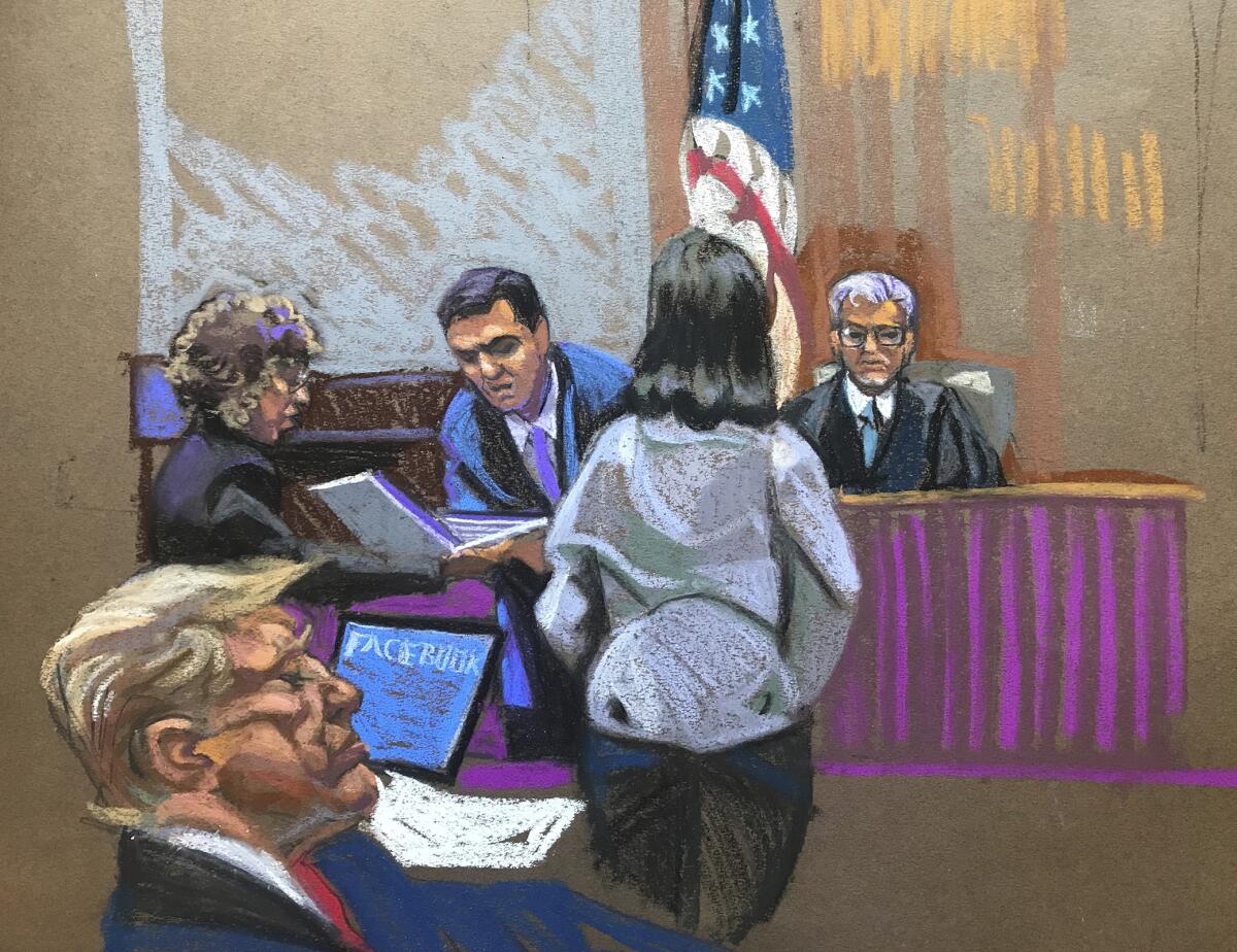 In a courtroom sketch, former President Trump appears to have his eyes closed as he sits in court.