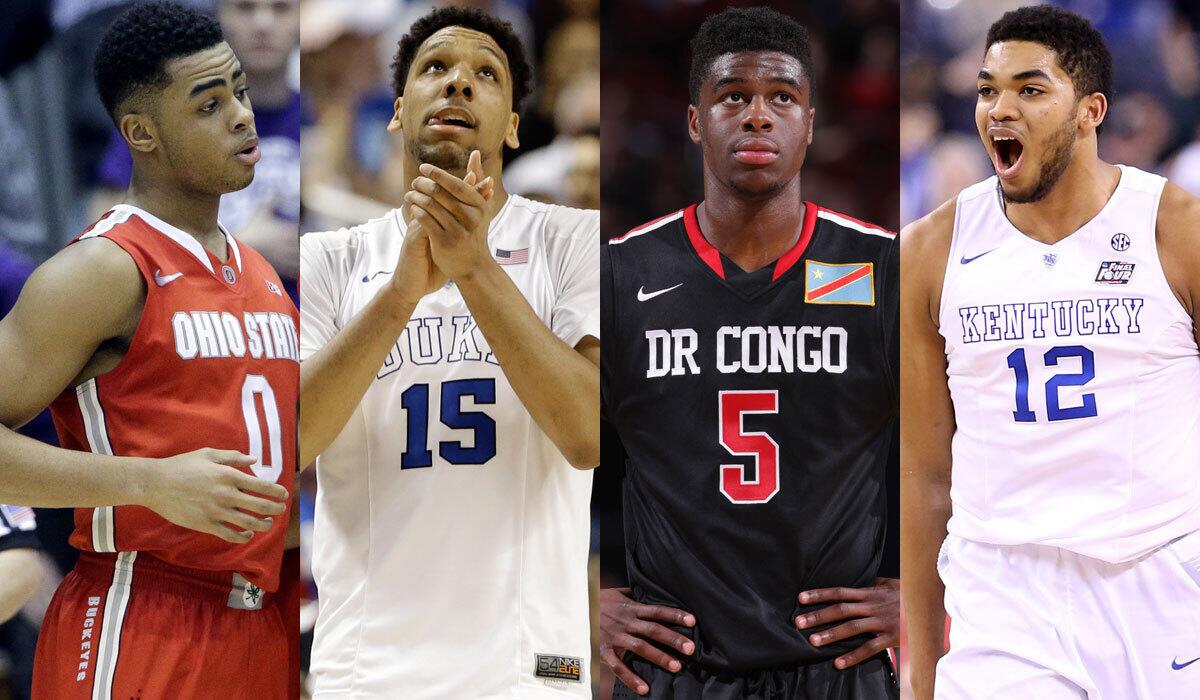 D'Angelo Russell, left, Jahlil Okafor, Emmanuel Mudiay and Karl-Anthony Towns are candidates to be drafted No. 2 overall by the Lakers.
