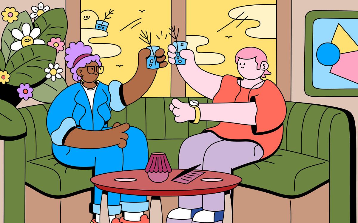An illustration of two people raising their glasses in cheers.