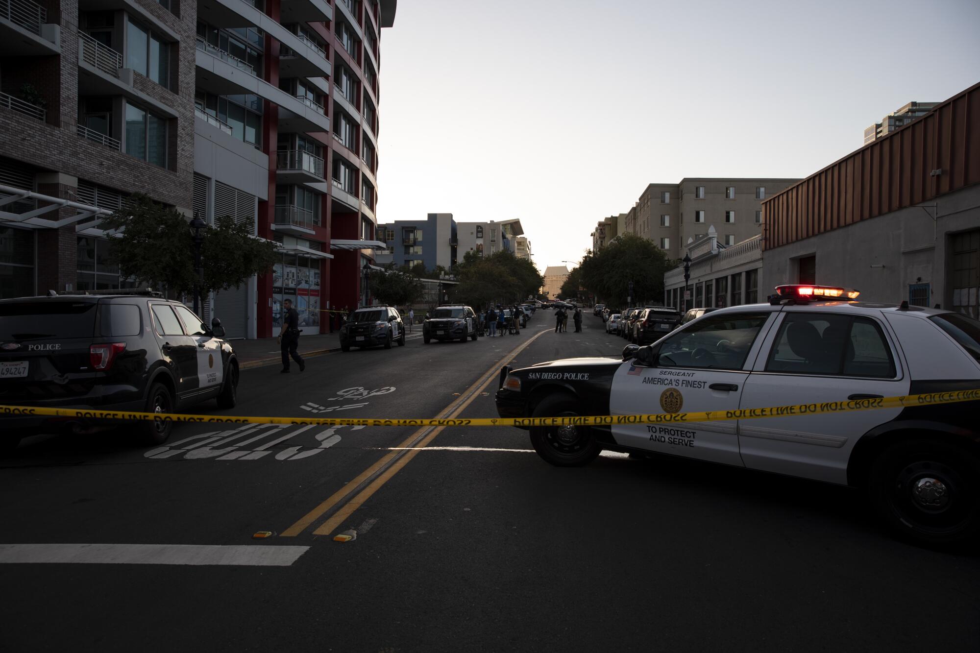 San Diego police investigate a double homicide at a high-rise apartment in East Village on Thursday, Oct. 21, 2021.