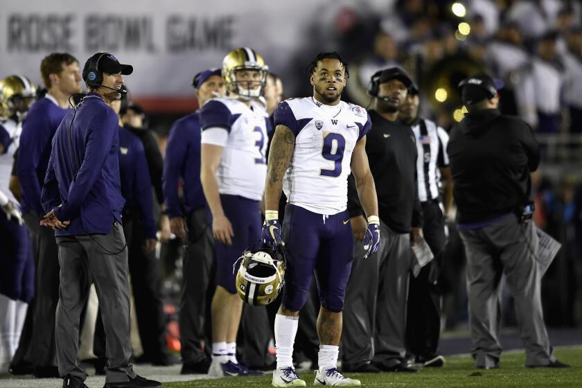 PASADENA, CA - JANUARY 01: Myles Gaskin #9 of the Washington Huskies looks on during the second half in the Rose Bowl Game presented by Northwestern Mutual at the Rose Bowl on January 1, 2019 in Pasadena, California. (Photo by Kevork Djansezian/Getty Images)