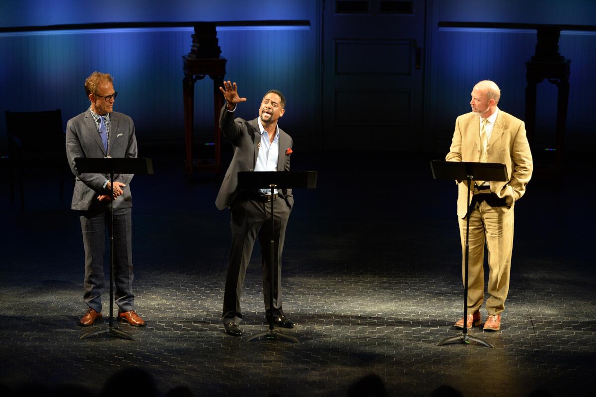 Blair Underwood (flanked by Mark Pinter, left, and Mike Sears) was among luminaries to perform at the Old Globe in San Diego in conjunction with the exhibition of Shakespeare's First Folio. (Douglas Gates)