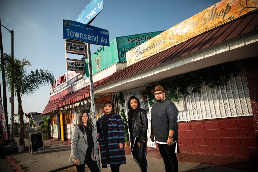 LOS ANGELES, CA --JANUARY 14, 2020—Actress America Ferrera and fellow "Gentefied" executive producers Marvin Lemus and Linda Yvette Chávez and showrunner Monica Macer, are photographed at the corner of E. Cesar E. Chavez and North Townsend Avenues, in the Boyle Heights neighborhood of Los Angeles, CA,Jan 14, 2020. The show follows three Mexican-American cousins and their chasing of the American Dream, while also taking on the issues of gentrification in a changing Los Angeles. (Jay L. Clendenin / Los Angeles Times)