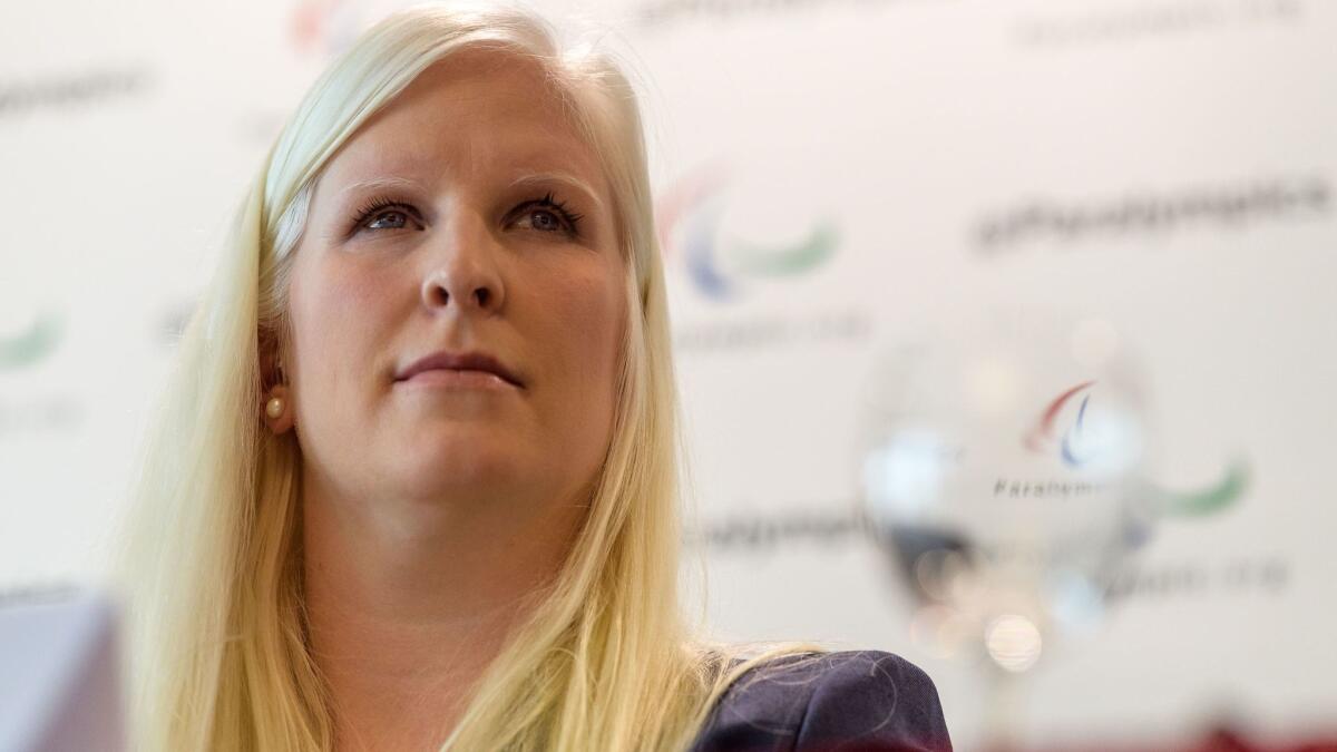 Chelsey Gotell, chair of the International Paralympic Committee athletes’ council, takes part in a news conference Jan. 29 in Bonn.