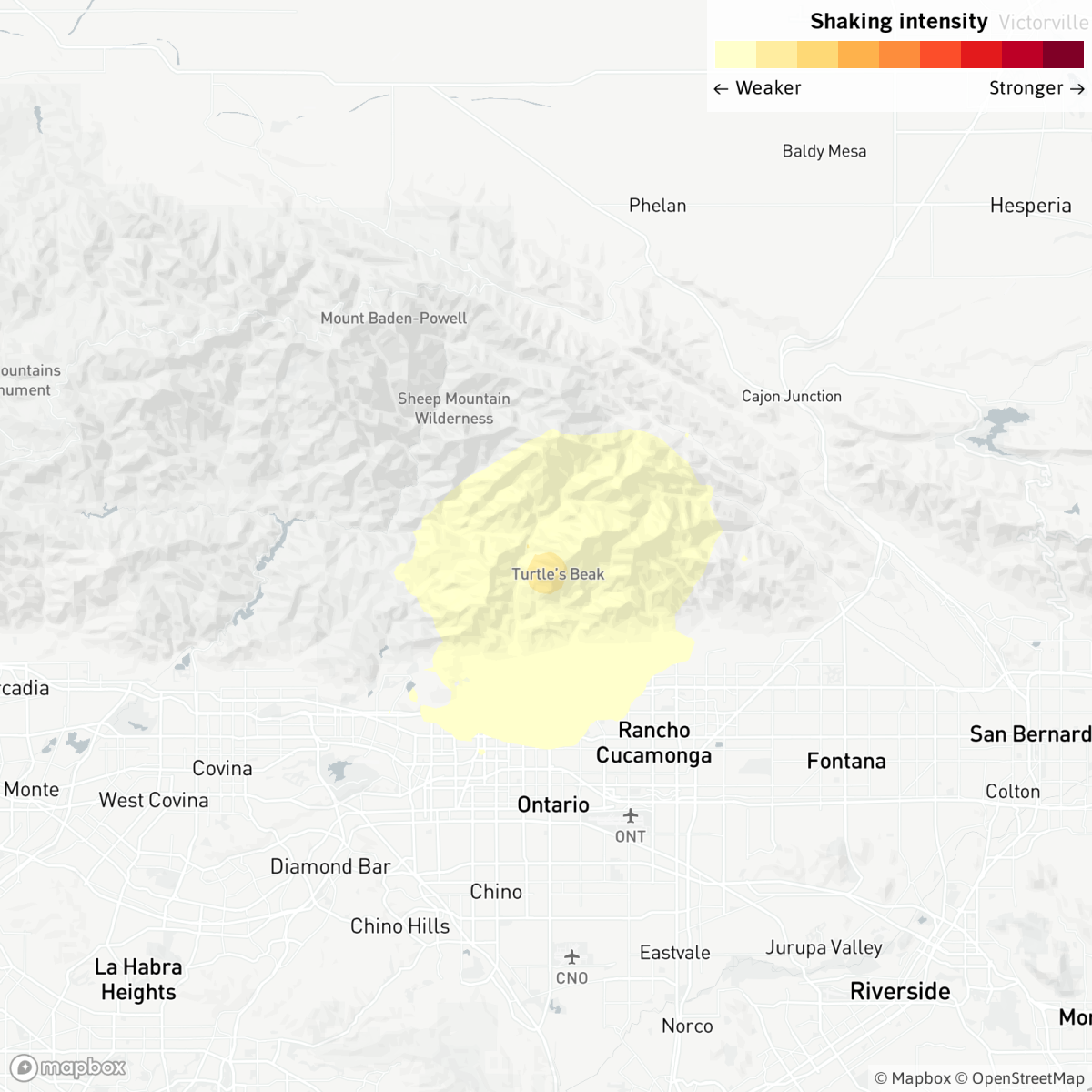 Map of magnitude 3.2 earthquake near Rancho Cucamonga.