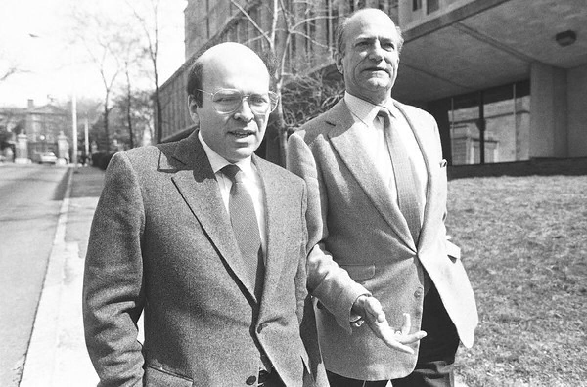 Defense lawyer Thomas P. Puccio, left, walks with socialite Claus von Bulow in Providence, R.I., in 1985 during a break in jury selection in the second trial for von Bulow on charges that he twice tried to kill his heiress wife.
