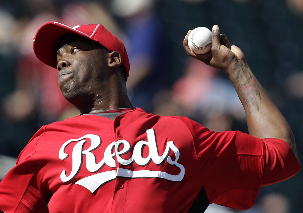 Cincinnati Reds relief pitcher Aroldis Chapman throws against the Cleveland Indians on March 4, 2012.