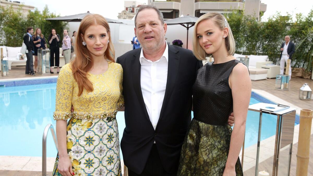 Jessica Chastain, Harvey Weinstein and Jess Weixler at a Cannes reception for "The Disappearance of Eleanor Rigby" in 2014.