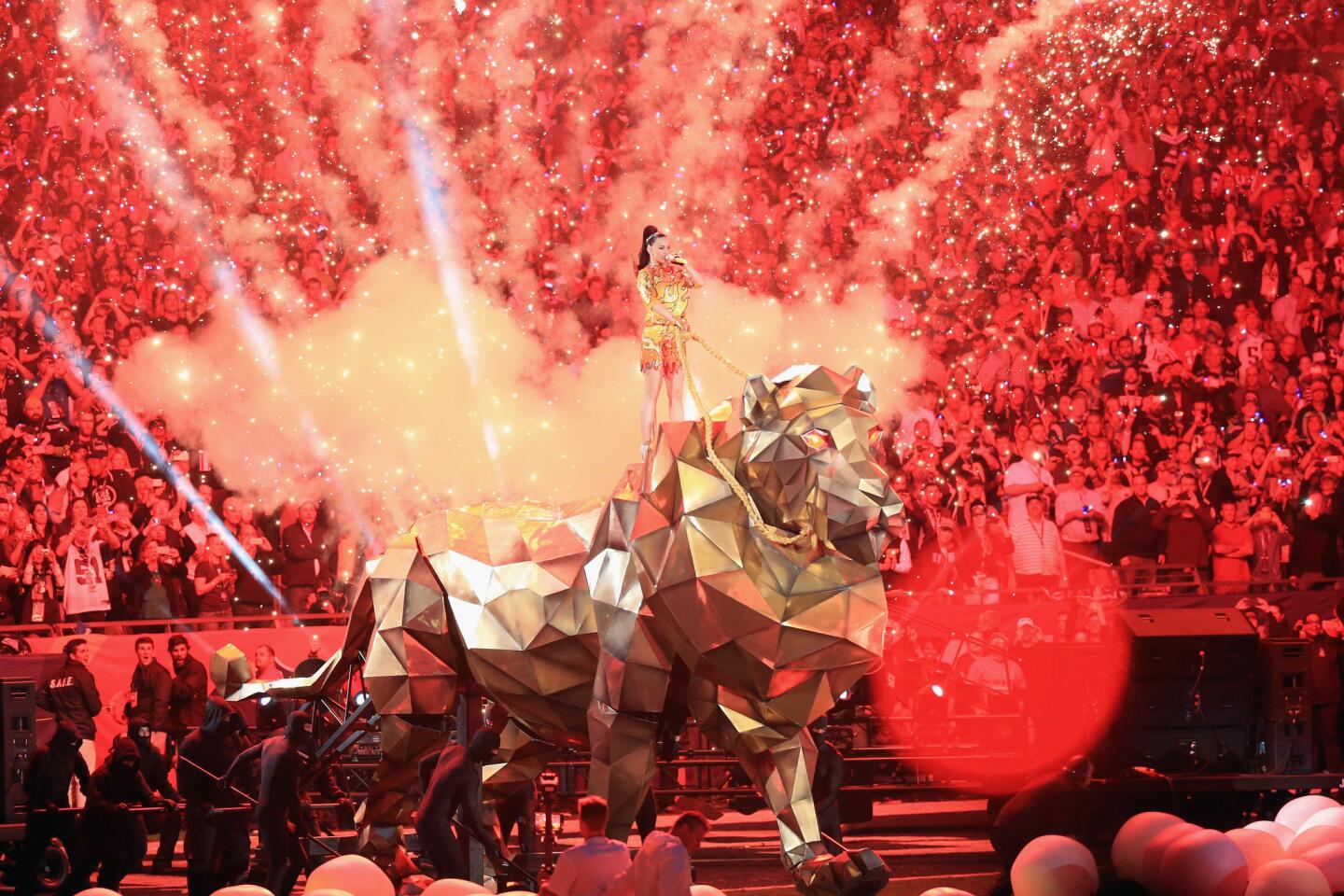 Recording artist Katy Perry enters University of Phoenix Stadium as she performs during Super Bowl XLIX halftime show in Glendale, Ariz.