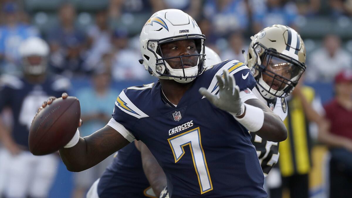 Chargers quarterback Cardale Jones throws downfield against the New Orleans Saints in the second quarter of a preseason game at StubHub Center in Carson on Saturday.