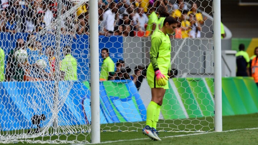 United States goalkeeper Hope Solo was beaten by four of Sweden's five shooters during penalty kicks of a quarterfinal match of the Summer Olympics.