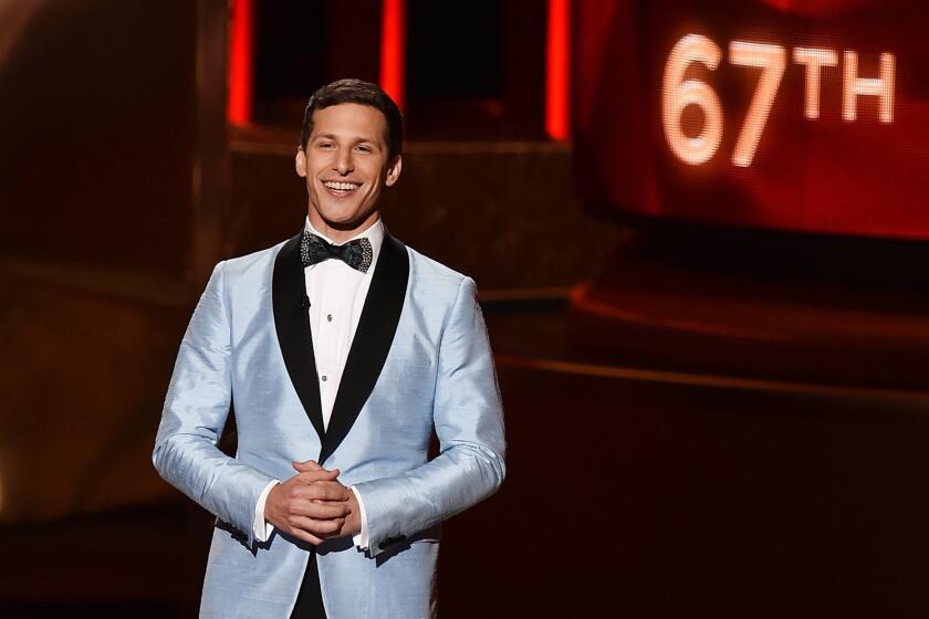 Host Andy Samberg speaks onstage during the 67th Primetime Emmy Awards at Microsoft Theater on Sunday in Los Angeles.