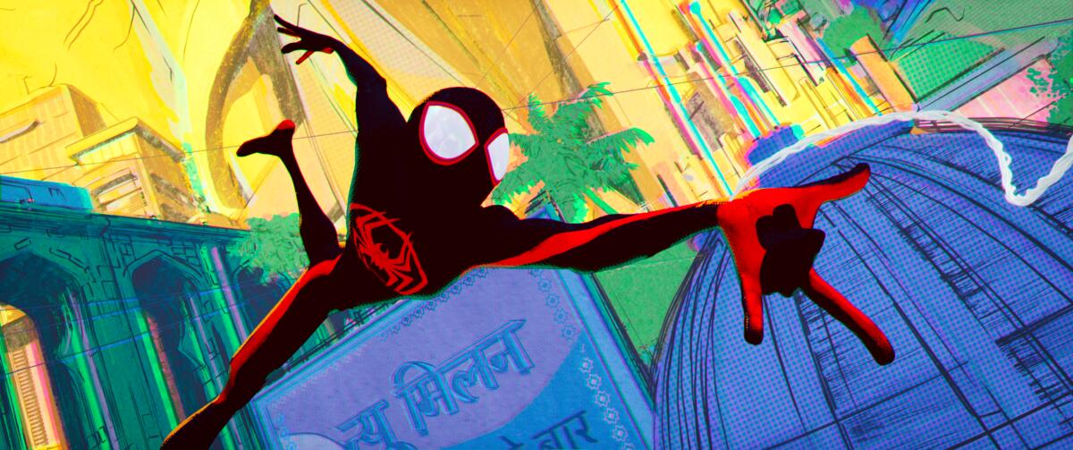 An animated Spider-Man swings from webs across a city in "Spider-Man: Across the Spider-Verse." 