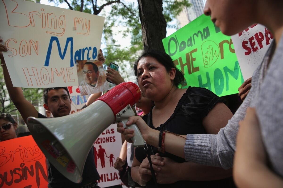 Natalia Mendez protests the detention of her son Marco Saavedra last month in New York.