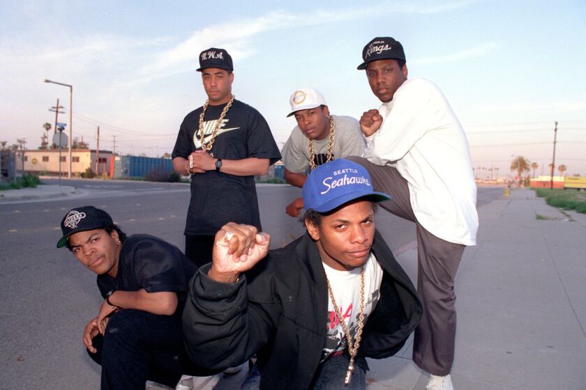 N.W.A in March 1989. Back row, from left: DJ Yella, Dr. Dre and M.C. Ren (Kings cap). Front, from left: Ice Cube and Eazy-E.