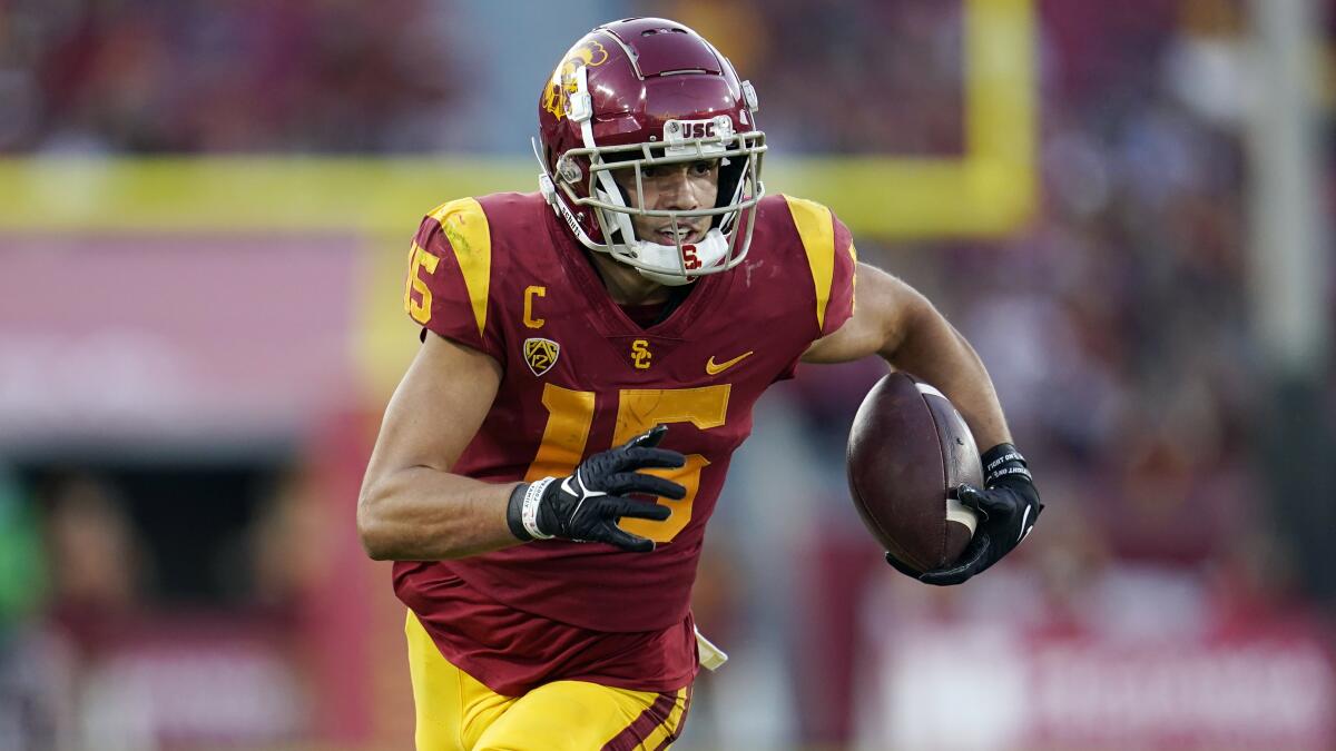 USC wide receiver Drake London runs with the ball against Utah in October.