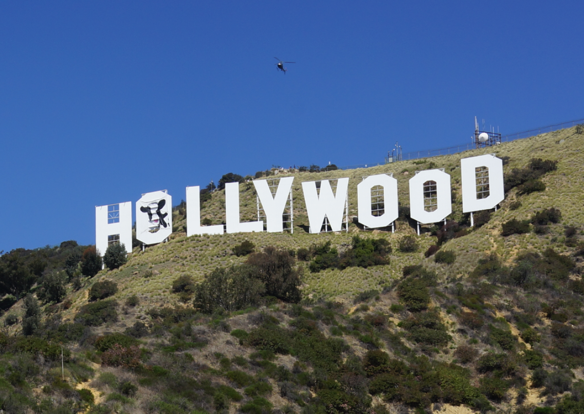The Hollywood sign with an image of a cow's face  hung over one of the letters.