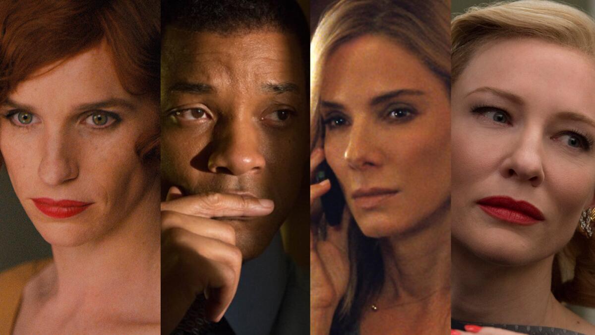 Golden Globe contenders, from left, Eddie Redmayne, Will Smith, Sandra Bullock and Cate Blanchett.