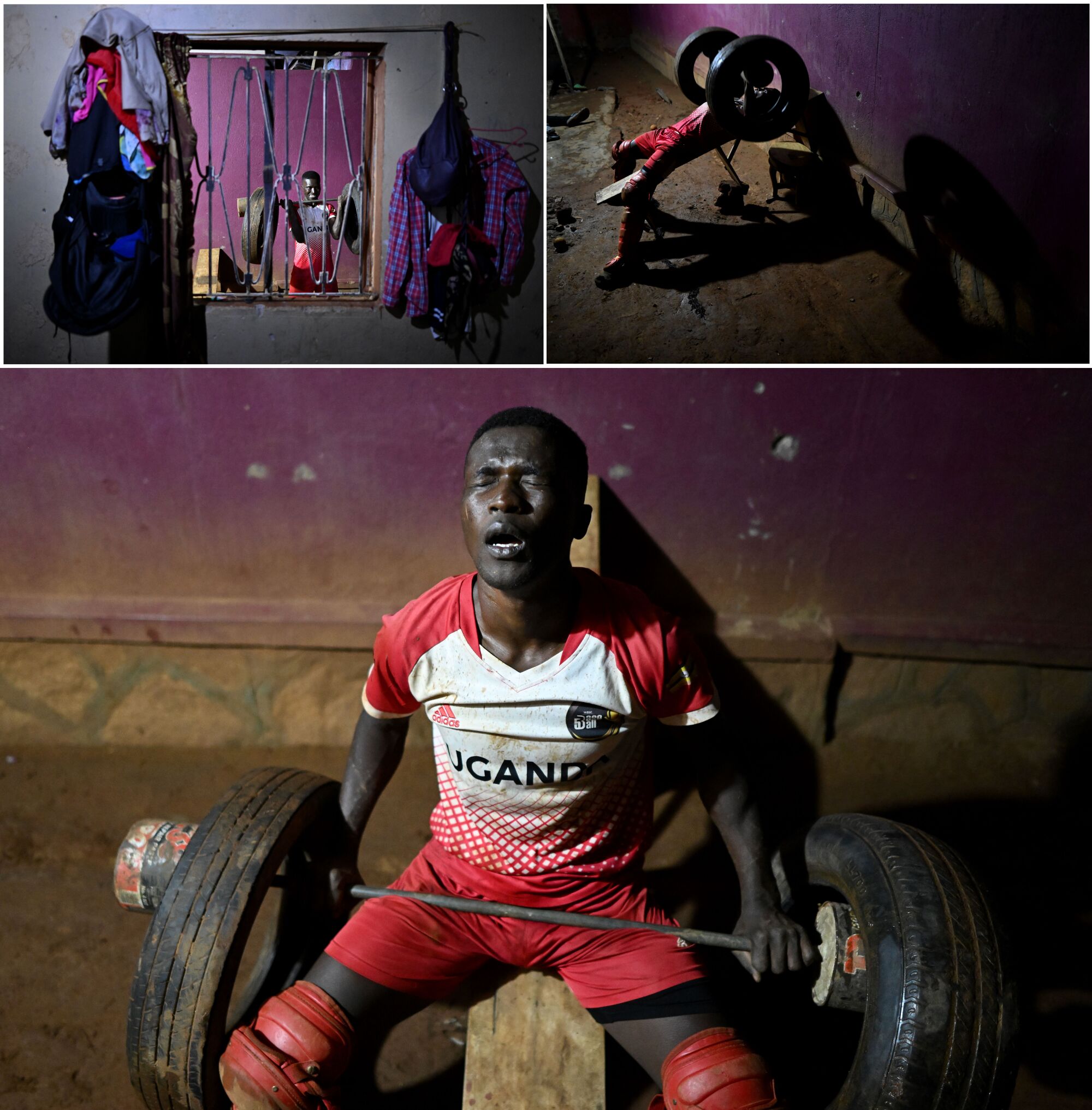 Dennis Kasumba works out late at night with old tires outside his home