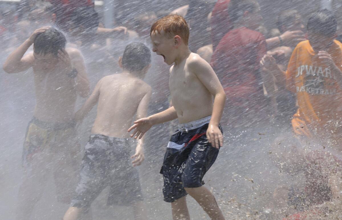 Boys in swim trunks cavort in a spray of water.