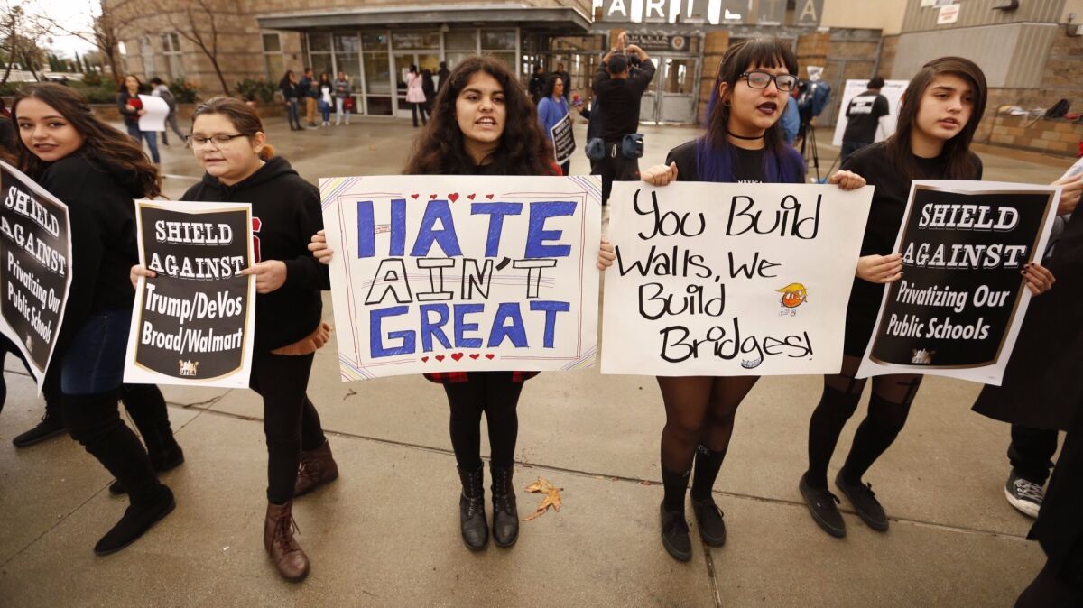 A new UCLA study says students are feeling more anxiety in the President Trump era. Here, Arleta High School students protest Trump's inauguration in January.