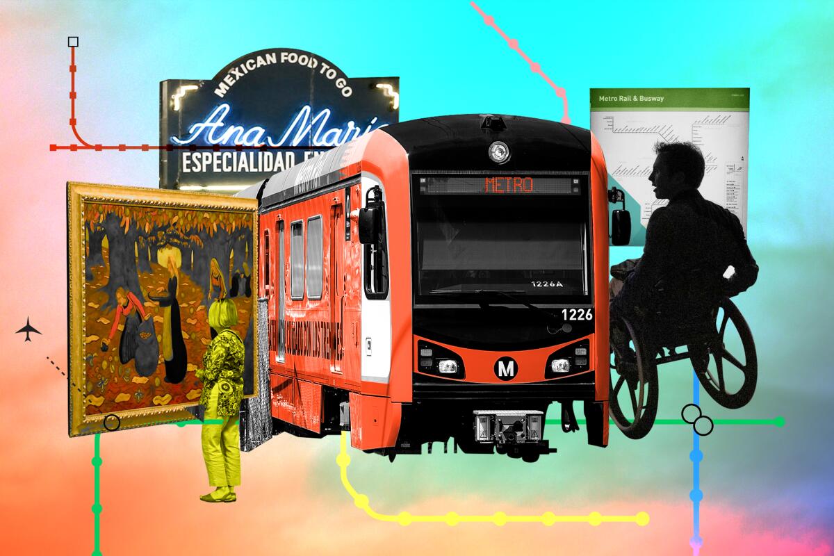 A collage illustration of locations that are easily accessible via L.A. public transportation