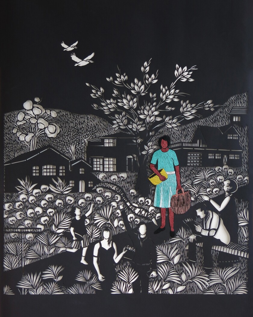 Bhavna Mehta: "Mabel Bell La Jolla Pioneer Woman," 2018, hand-cut archival paper, embroidery