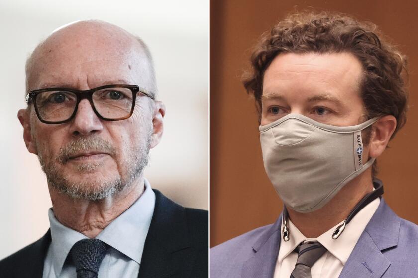 Left, Screenwriter and film director Paul Haggis arrives at court for a sexual assault civil lawsuit, Wednesday, Nov. 2, 2022, in New York. Right, Actor Danny Masterson appears at his arraignment on three rape charges in Los Angeles Superior Court in Los Angeles, Calif. on Friday, Sept. 18, 2020. (Julia Nikhinson; Lucy Nicholson/Associated Press; Pool )