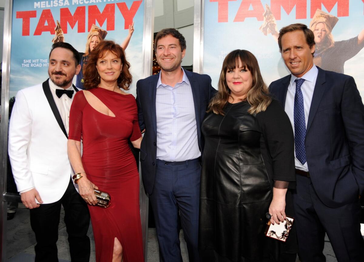 Ben Falcone, left, Susan Sarandon, Mark Duplass, Melissa McCarthy and Nat Faxon arrive at the Los Angeles premiere of "Tammy" at the TCL Chinese Theatre on June 30.
