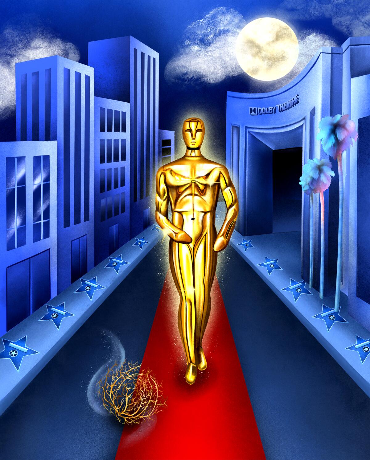 Illustration of an Oscar statue walking down a deserted street.
