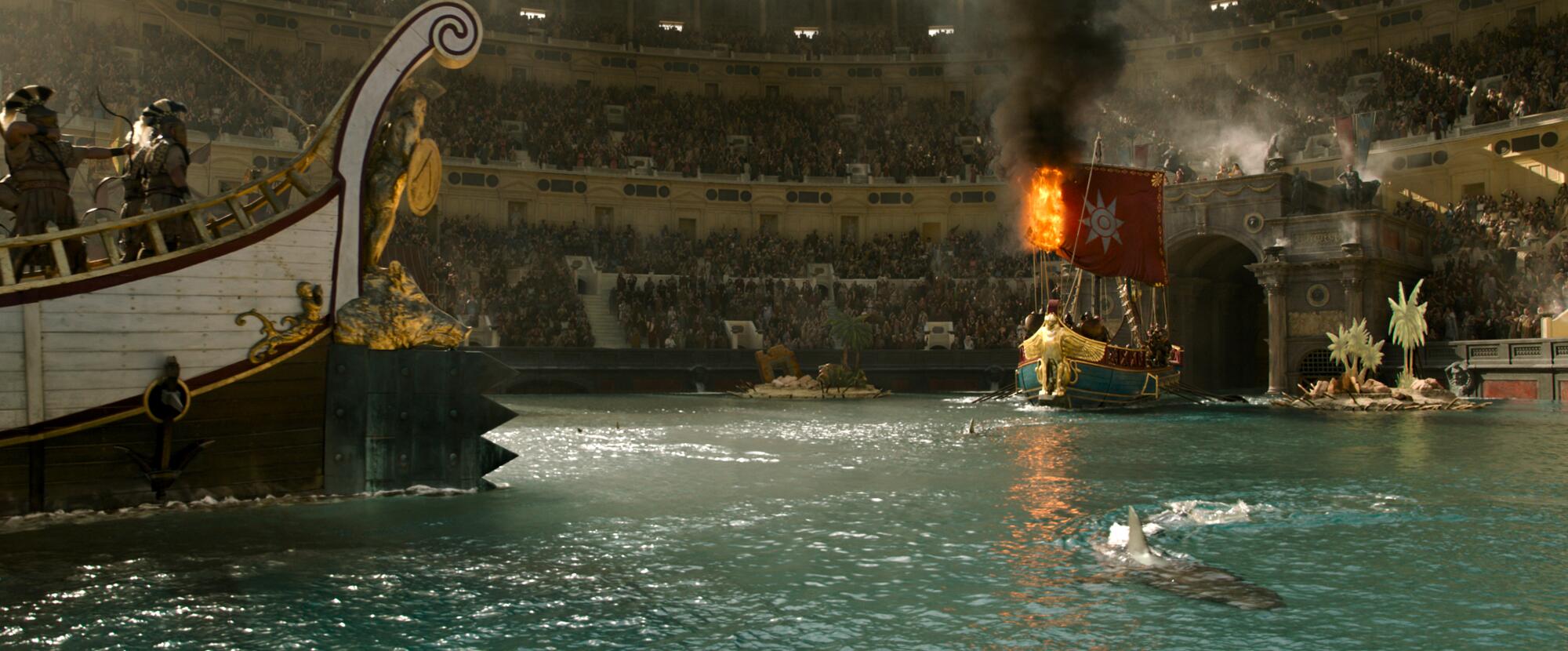 Two ships battle in a flooded Colosseum.